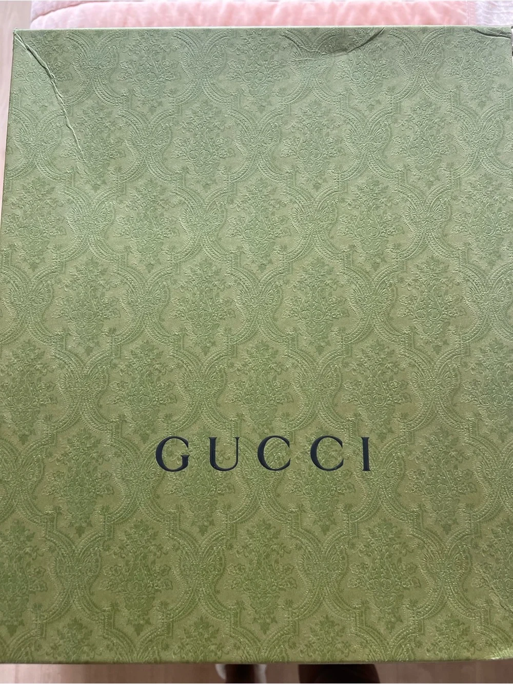 Gucci Tan Shearling Boot with Red & Green Stripe and Yellow Logo.